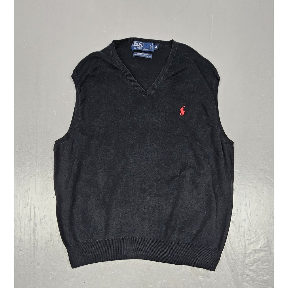 Vintage Polo Ralph Lauren Vest Mens XL Black Red Pony Preppy 100% Pima Cotton